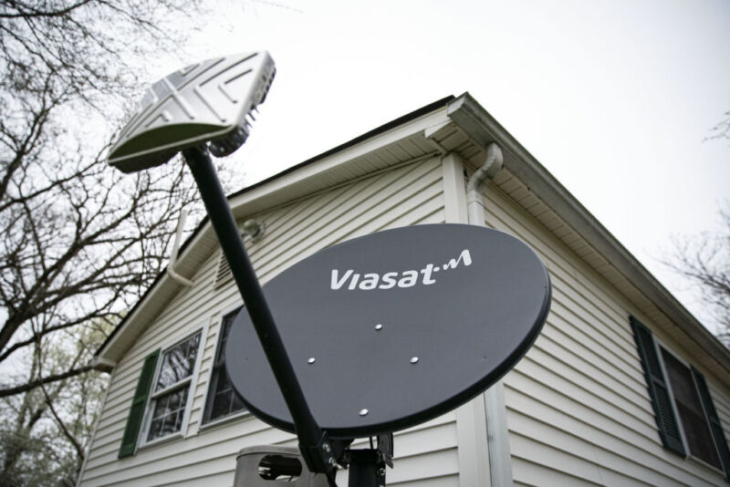 A Viasat internet satellite dish in the yard of a house in Madison, Virginia.