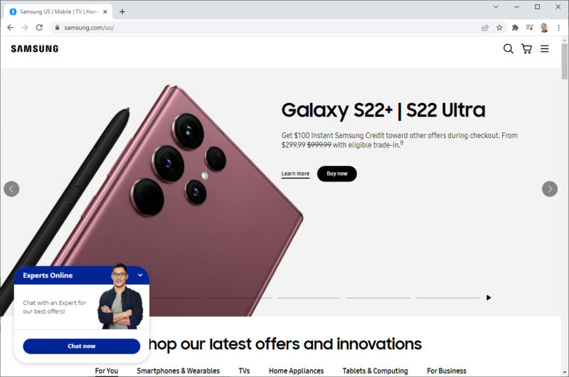 The "Experts online" box in the bottom left will appear on almost every Samsung.com page.