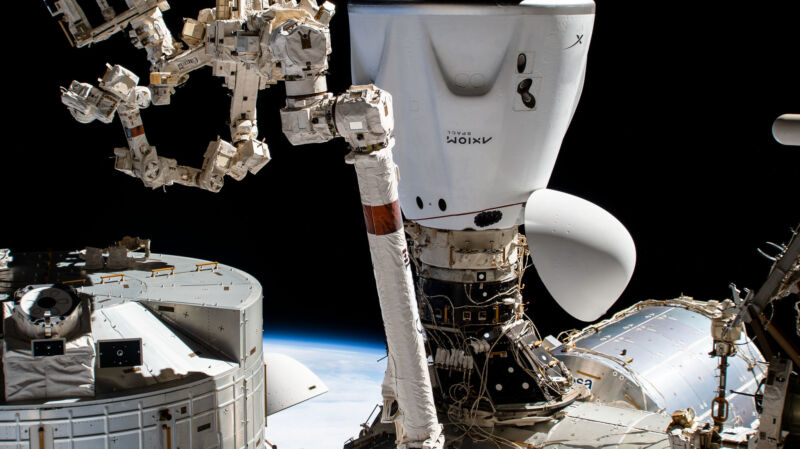 On April 15, Crew Dragon Endeavour is pictured docked to the Harmony module's space-facing international docking adapter.
