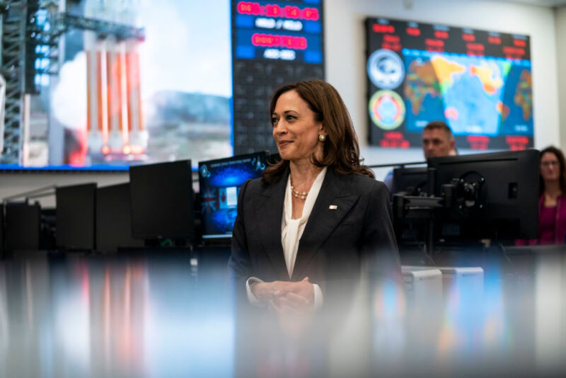Vice President Kamala Harris receives an unclassified briefing in the Command Space Operations Center at Vandenberg Space Force Base on April 18, 2022.