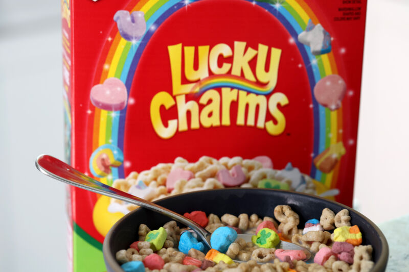A bowl of General Mills Lucky Charms cereal.
