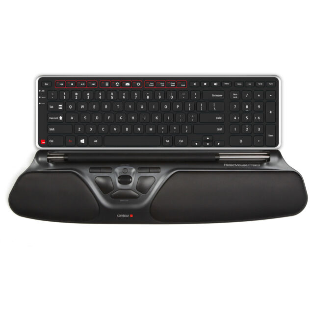 The RollerMouse Free3 sits in front of the keyboard instead of to the side. 