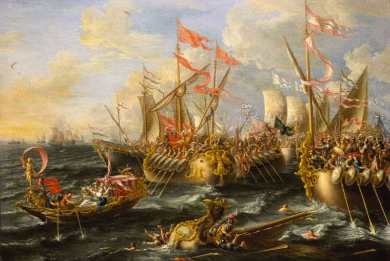 Anachronistic baroque painting of the pivotal Battle of Actium by Laureys a Castro, 1672.