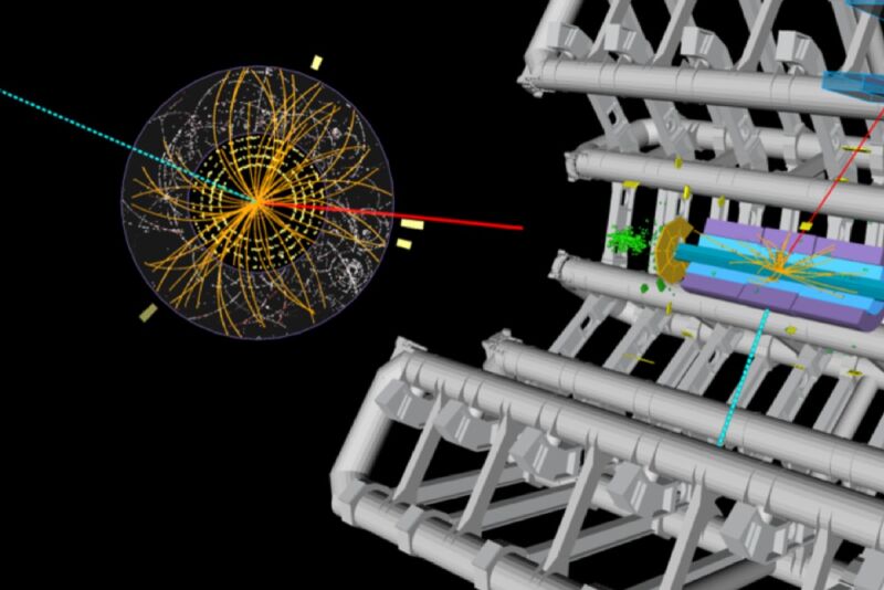 Illustration of a candidate event for a W boson decaying into one muon and one neutrino from proton-proton collisions, recorded by the Large Hadron Collider's ATLAS detector in 2018. 