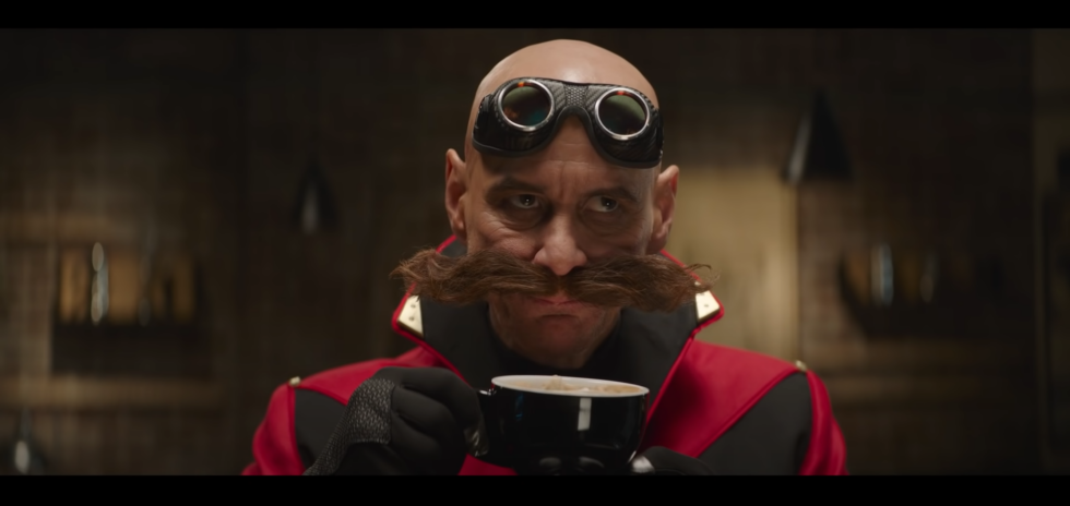 Jim Carrey as Dr. Robotnik, seen here sipping the te—er, sipping the latte.