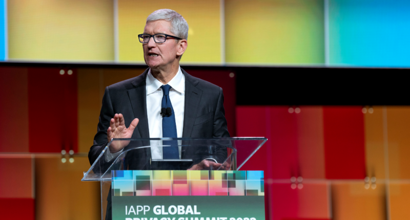 Apple CEO Tim Cook speaks at the IAPP 2022 conference.