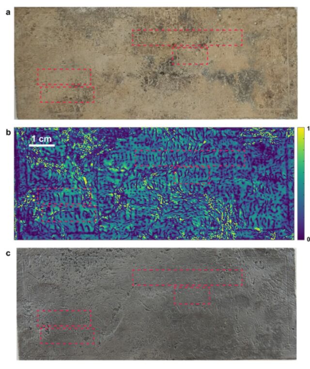 Comparison of the inscription on (a) the original cross before corrosion removal, (b) the final terahertz image after post-processing, and (c) the cross after corrosion removal.