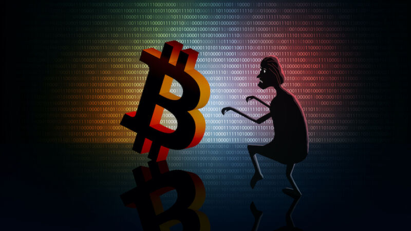 Un personaje de dibujos animados acecha un logotipo gigante de Bitcoin.