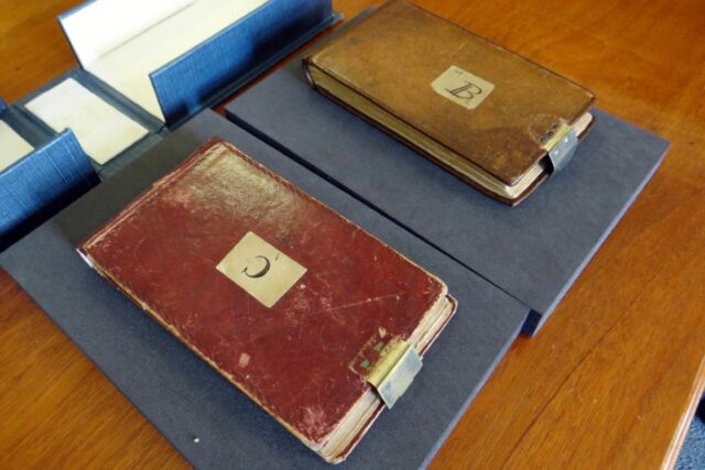 Darwin's Notebooks B and C after being unwrapped at Cambridge University Library.