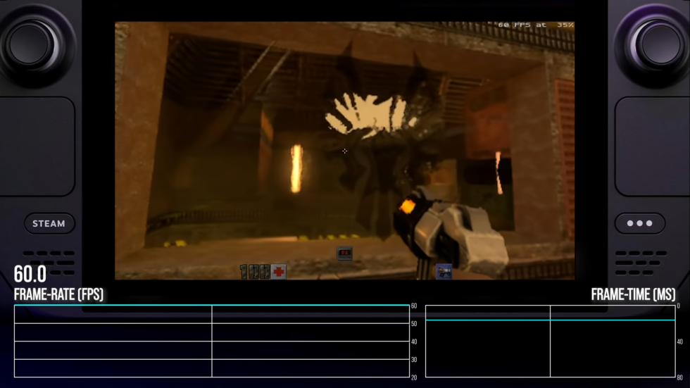 A base 252p resolution looks absolutely blurry in screenshot form, but for <em>Quake II RTX</em> on Steam Deck, this unlocks a fluid ray-tracing experience—which includes dramatic visual effects like this opening scene's tempered glass warping the rays of light that pass through. Digital Foundry's telltale analysis interface can be seen tracking the near-solid 60 fps performance with these settings, but only in Windows 10 for the time being.