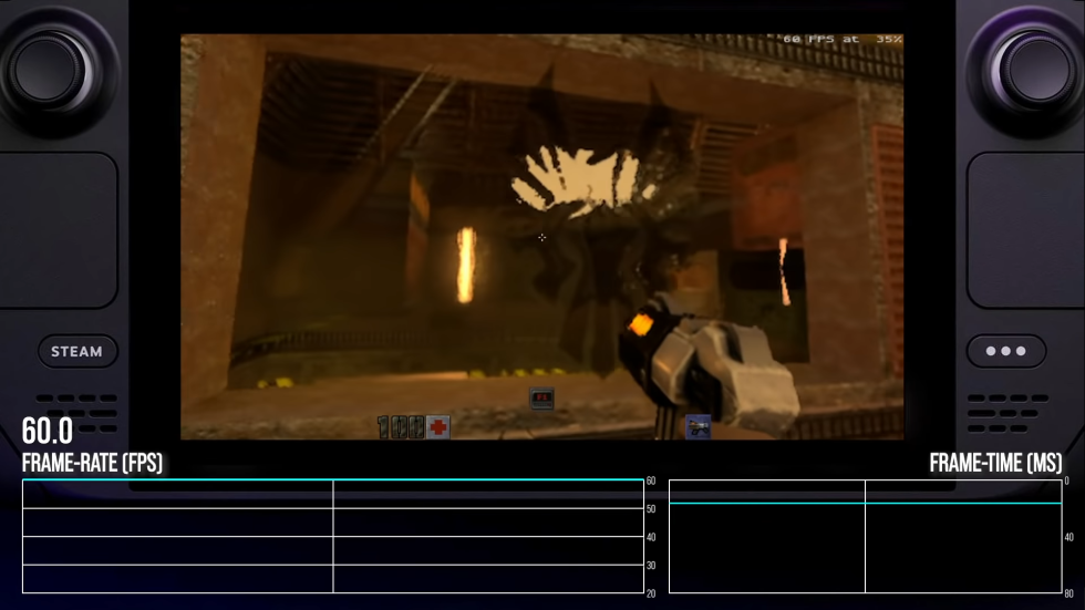 Une résolution de base de 252p semble absolument floue sous forme de capture d’écran, mais pour <em>Quake II RTX< / em> sur Steam Deck, cela déverrouille une expérience de ray-tracing fluide, qui comprend des effets visuels dramatiques comme le verre trempé de cette scène d’ouverture déformant les rayons de lumière qui passent. L’interface d’analyse révélatrice de Digital Foundry peut être vue en train de suivre les performances presque solides de 60 ips avec ces paramètres, mais uniquement dans Windows 10 pour le moment.