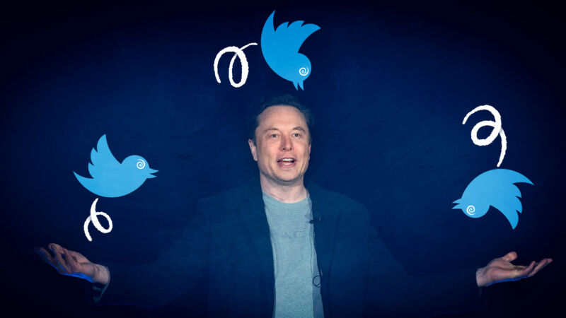 Illustration of Elon Musk playing with three birds in the shape of the Twitter logo.