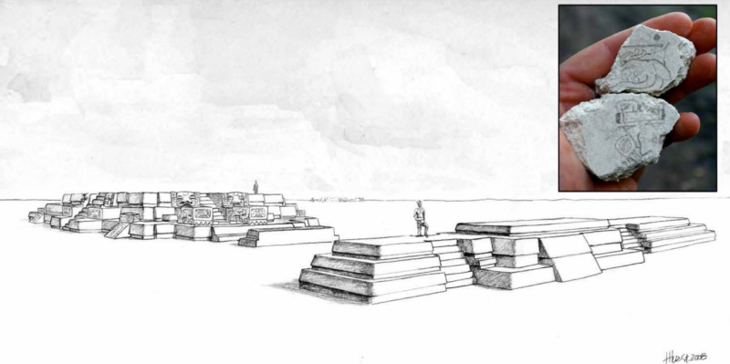 Black and white sketch of pyramid and raised platform.