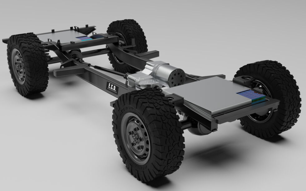 This illustration shows how the Tesla drive unit is mounted in a Land Rover chassis, driving all four wheels.