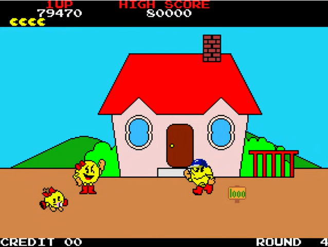 Ms. Pac-Man and Jr. Pac-Man as they appeared in the original release of <em>Pac-Land</em>. The pair have been edited out of this week's Switch re-release.