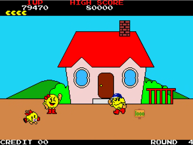 Mme Pac-Man et Jr. Pac-Man tels qu’ils apparaissaient dans la version originale de <em>Pac-Land</em>. La paire a été éditée à partir de la réédition Switch de cette semaine.