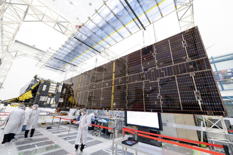 One of two solar arrays on NASA’s Psyche spacecraft is successfully deployed in JPL’s storied High Bay 2 clean room.