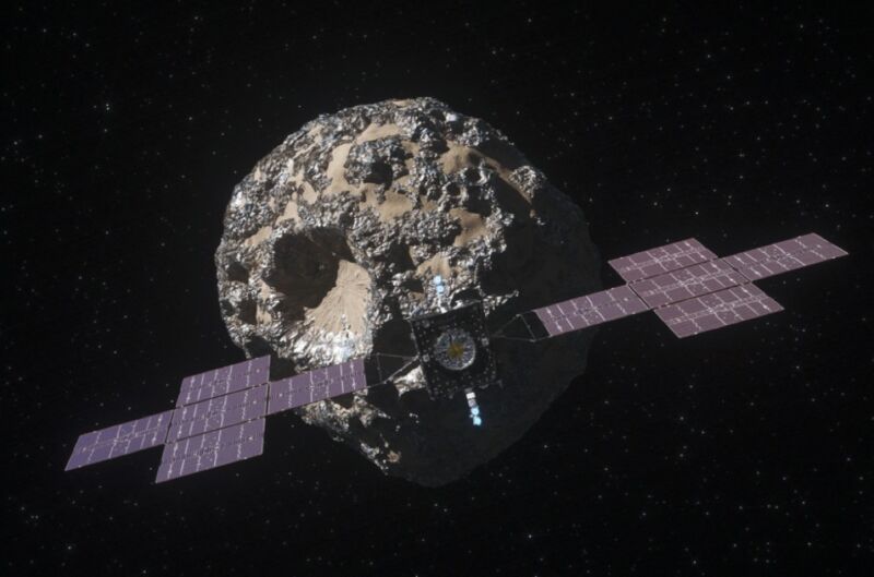 नासा के साइके अंतरिक्ष यान का कलाकार चित्रण, अगस्त 2022 में लॉन्च होने वाला है। साइके मिशन उसी नाम के धातु-समृद्ध क्षुद्रग्रह का पता लगाएगा जो मंगल और बृहस्पति के बीच मुख्य क्षुद्रग्रह बेल्ट में स्थित है। 