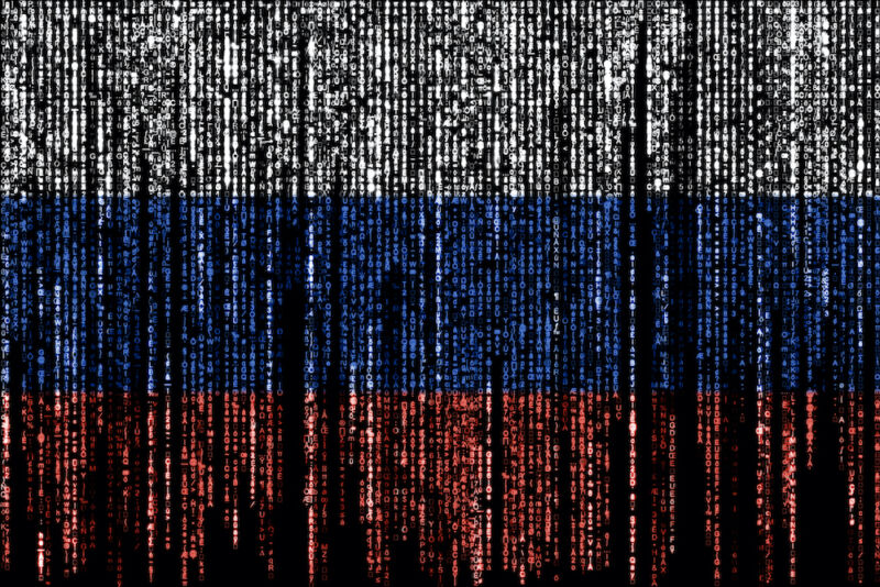 Flag of Russia on a computer binary codes falling from the top and fading away.