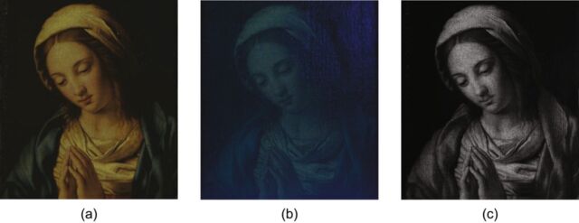 Three views of the painting <em>Madonna in Preghiera</em>. (l-r) visible-light photography, ultraviolet fluorescence, and infrared reflectography. 