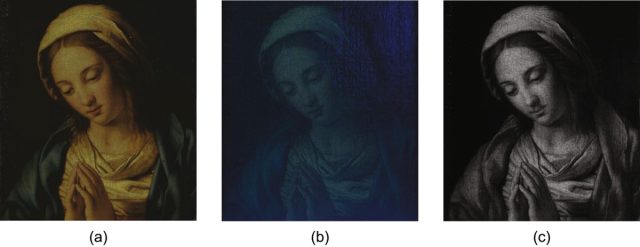 Three views of the painting <em>Madonna in Preghiera</em>. (l-r) visible-light photography, ultraviolet fluorescence, and infrared reflectography.