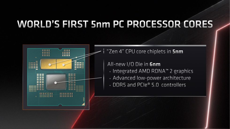 High-end Zen 4 chips volition  harvester  a brace  of CPU chiplets with a 6 nm I/O die. This dice  includes PCIe 5.0 support, a DDR5 controller, and an RDNA2-based integrated GPU.