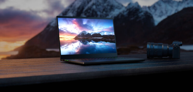 Razer Blade 15 open displaying mountains