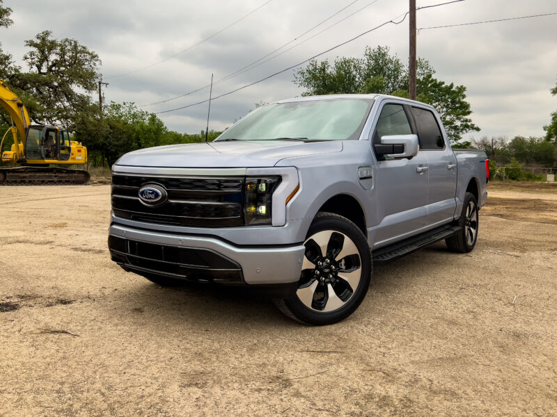 At first glance, this could be any other Ford F-150 pickup, but the aerodynamic wheels and nose treatment mark it out as the all-electric F-150 Lightning. This is the top-spec Platinum trim.