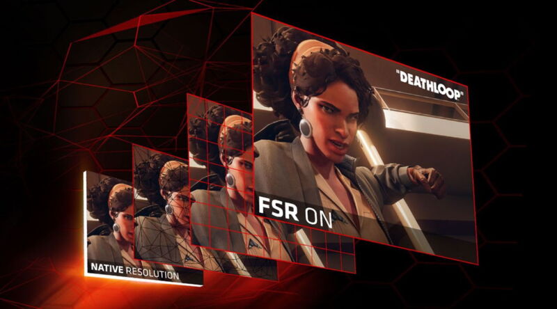 AMD's artistic interpretation of how FSR works. It's a bit more complicated than this four-box rendering implies—especially when we consider how much better FSR 2.0 is.