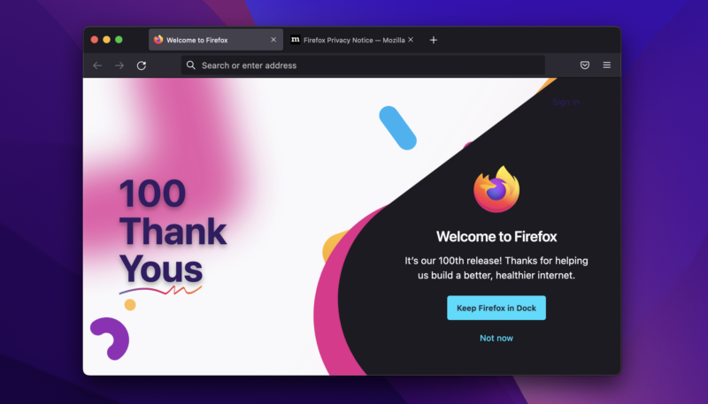 A special 100th-version splash page appears on the first launch of a new Firefox installation.
