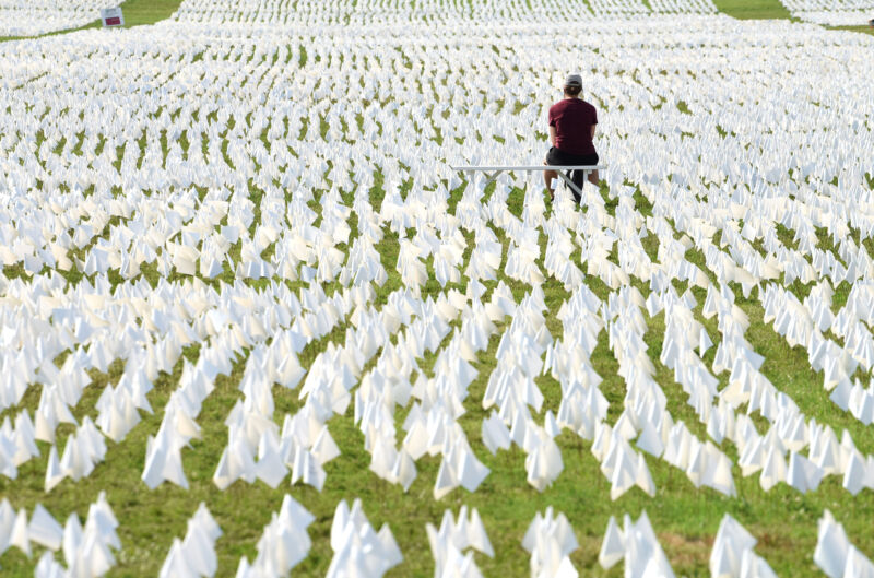 Seorang wanita menonton bendera putih di National Mall pada 18 September 2021 di Washington, DC.  Lebih dari 660.000 bendera putih dipasang di sini untuk menghormati orang Amerika yang telah kehilangan nyawa karena epidemi COVID-19. 
