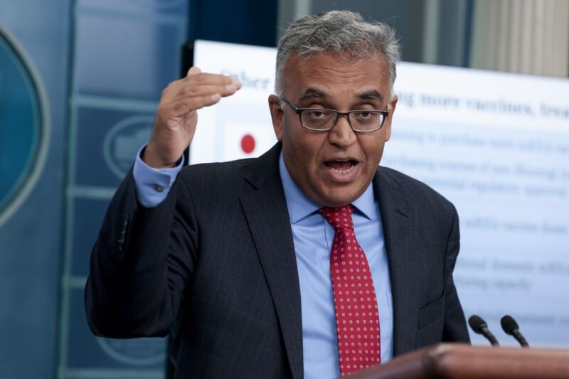 White House Coronavirus Response Coordinator Dr. Ashish Jha gestures as he speaks at a daily press conference in the James Brady Press Briefing Room of the White House on April 26, 2022 in Washington, DC. 