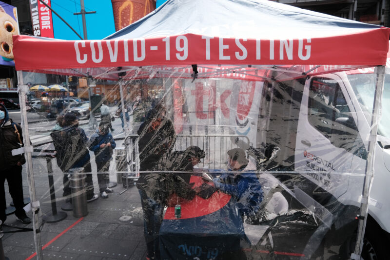 A COVID-19 testing tent stands in Times Square on April 27, 2022, in New York City.