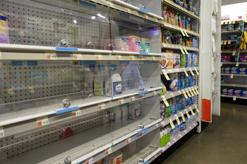 A nearly empty baby formula display shelf is seen at a Walgreens pharmacy on May 9, 2022 in New York City.