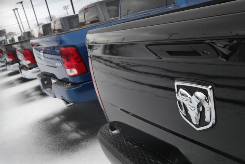 Ram 1500 trucks are offered for sale at a dealership in Elmhurst, Illinois.
