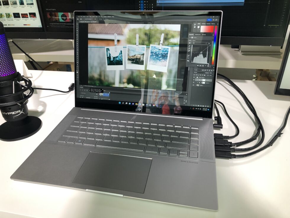 The Envy 16 goes up to a 3840×2400 OLED screen and has two Thunderbolt 4 ports, two USB-A ports, a headphone jack, an SD card reader, and HDMI 2.1.