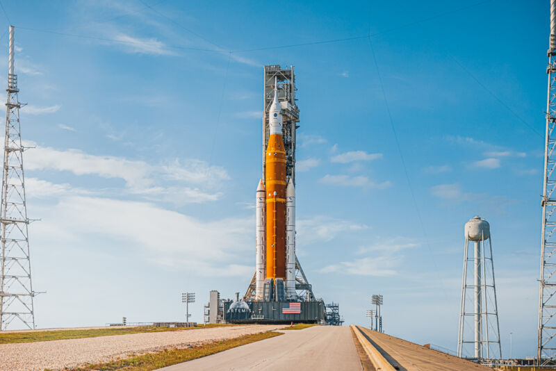 NASA's Space Launch System rocket is seen on the launch pad at Kennedy Space Center in April.