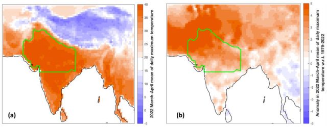 Average daily highs in Celsius across March and April (left) and how they compare to the 1979–2022 average (right). The area analyzed is outlined in green.