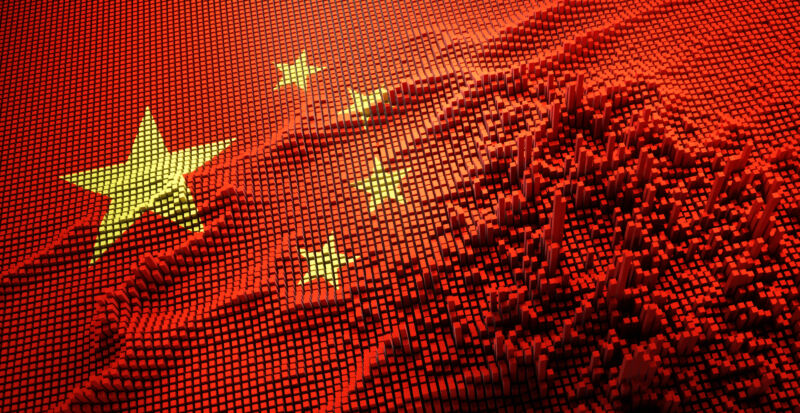 Bandera china con matriz digital - Concepto de innovación - Fondo de pantalla de tecnología digital - Ilustración 3D