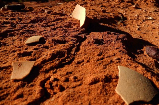 <em>Genyornis</em> eggshell recently exposed by wind erosion of sand dune in which it was buried in South Australia.