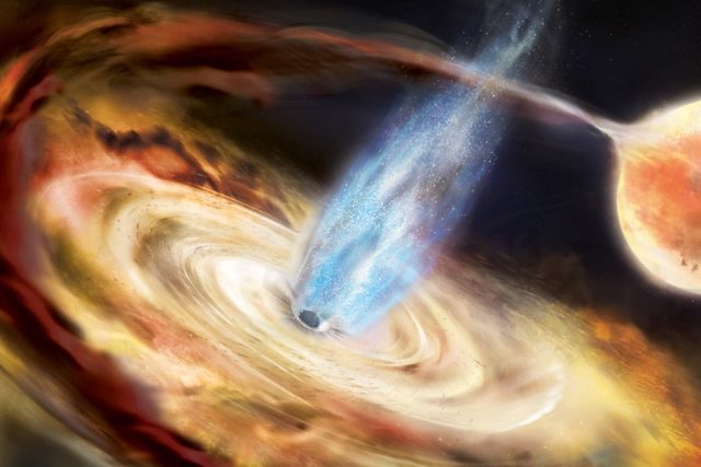 Illustration of a black hole pulling material off a neighboring star and into an accretion disk.