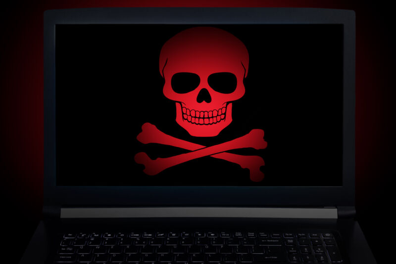 A skull and crossbones shown on a laptop computer screen.