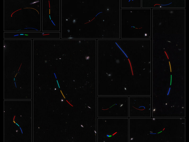 This mosaic consists of 16 different data sets from the NASA/ESA Hubble Space Telescope that were studied as part of the Asteroid Hunter citizen science project. Each of these data sets was assigned a color based on the time sequence of exposures. The blue tones represent the first exposure in which the asteroid was captured, and the red tones represent the last.