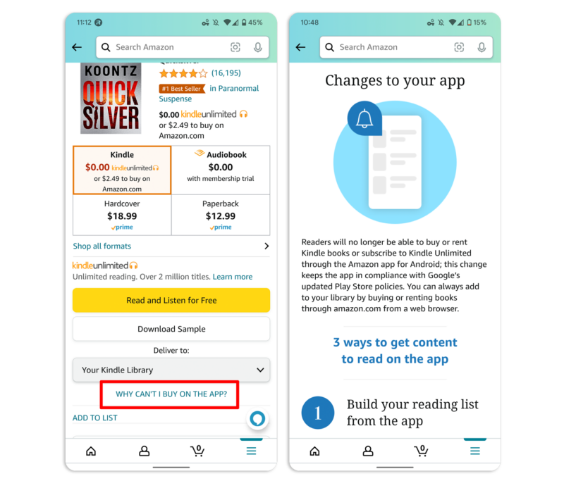 Kindle book purchases are the next Google Play billing casualty