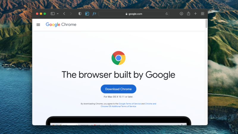 سافاری در مک که وب‌سایت Google Chrome را نشان می‌دهد.
