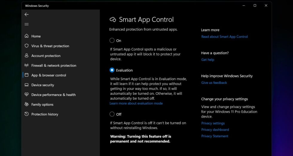 Smart App Control is another layer of app-based protection on top of SmartScreen, though its workings are a tad opaque. 