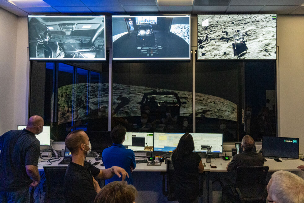 Driving the simulator is the easy part, as the small army of engineers in the control room shows.