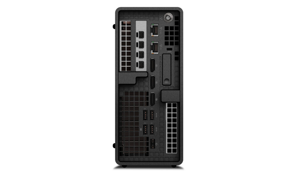 A seleção de portas do P360 Ultra se assemelha ao que você obteria em uma boa placa-mãe mini-ITX, incluindo bastante saída de exibição das GPUs integradas e dedicadas.