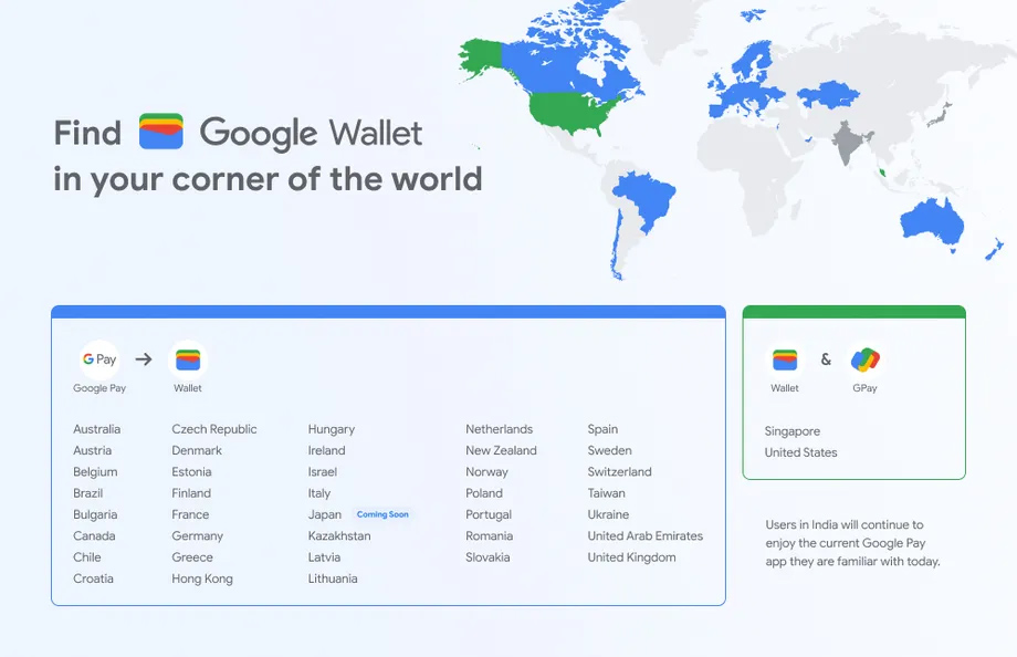 This nightmare of a map has the US co-existing with Google Pay and Google Wallet, while the rest of the world gets a cleaner solution of one payment app: Wallet. 