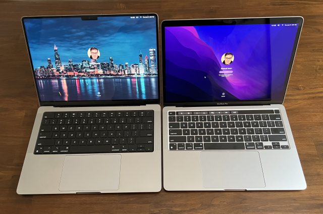 La diferencia física es más clara cuando comparas la MacBook Pro de 14 pulgadas de 2021 (izquierda) y la MacBook Pro de 13 pulgadas de 2022 (derecha).